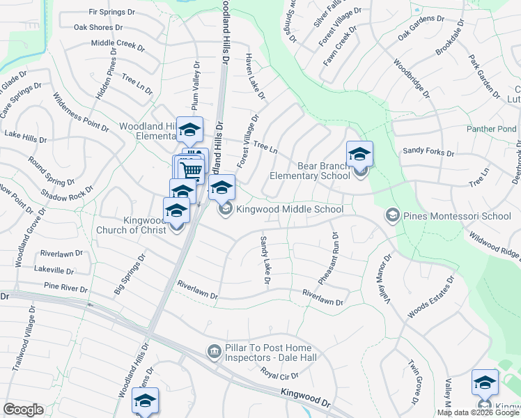 map of restaurants, bars, coffee shops, grocery stores, and more near 3129 Cedar Knolls Drive in Humble