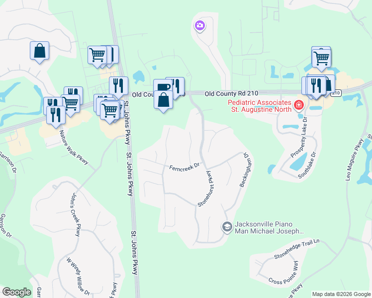 map of restaurants, bars, coffee shops, grocery stores, and more near 1624 Redstone Court in St. Augustine