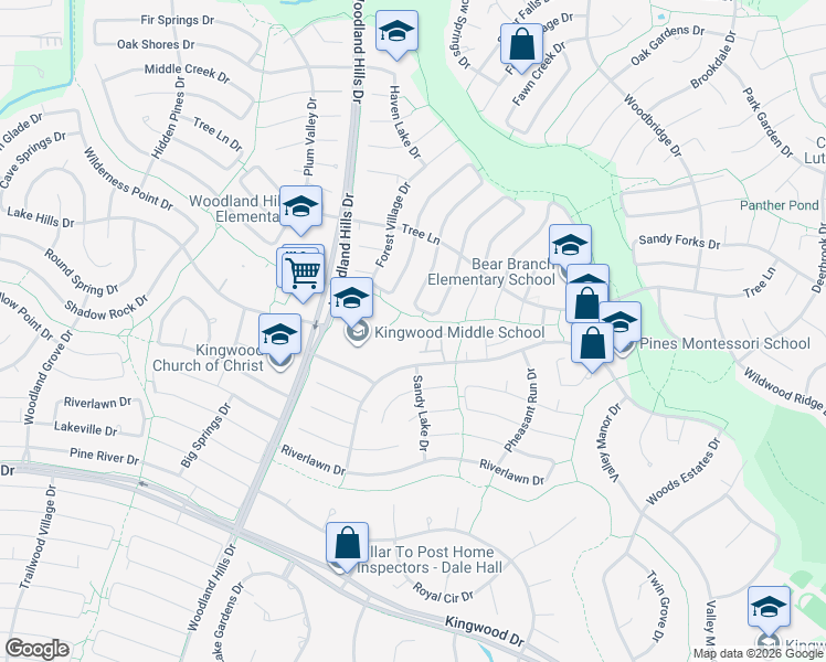 map of restaurants, bars, coffee shops, grocery stores, and more near 3129 Cedar Knolls Drive in Humble