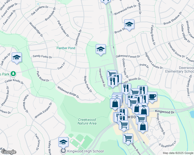 map of restaurants, bars, coffee shops, grocery stores, and more near 3415 Havenbrook Drive in Houston