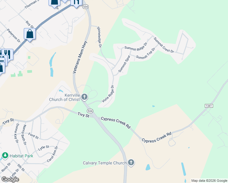 map of restaurants, bars, coffee shops, grocery stores, and more near 2007 Vista Ridge Dr in Kerrville