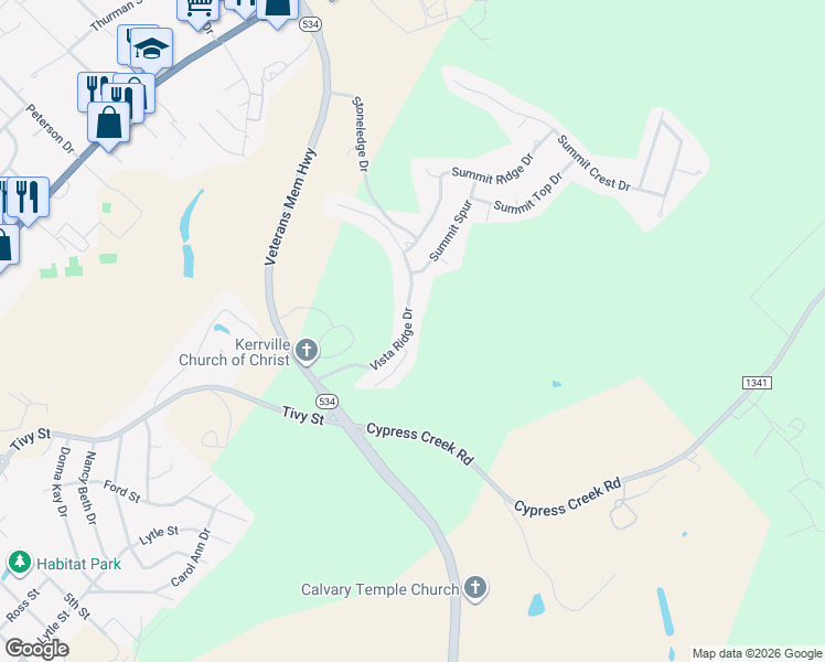 map of restaurants, bars, coffee shops, grocery stores, and more near 2007 Vista Ridge Dr in Kerrville