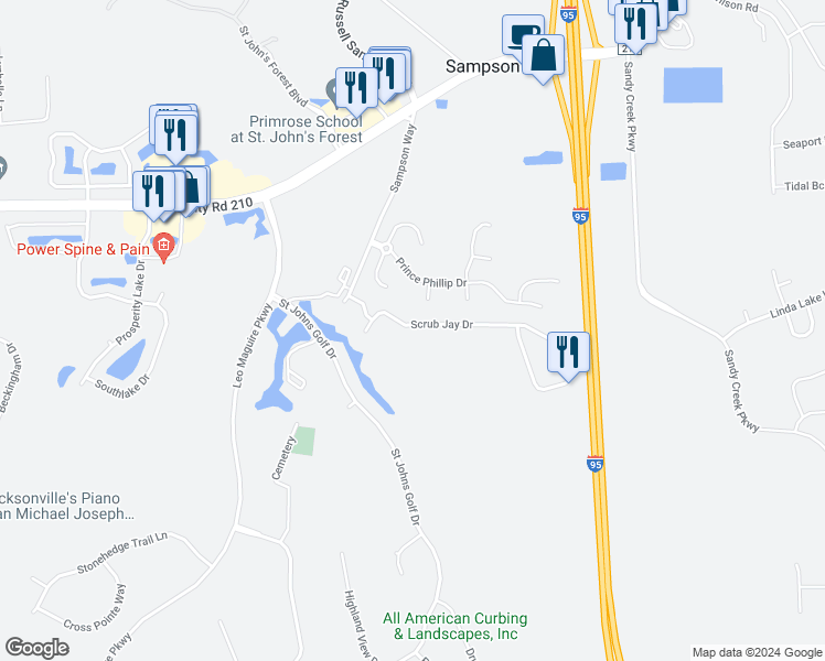 map of restaurants, bars, coffee shops, grocery stores, and more near 342 Scrub Jay Drive in St. Augustine
