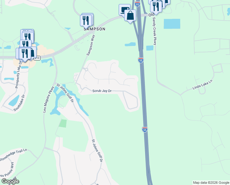 map of restaurants, bars, coffee shops, grocery stores, and more near 550 Scrub Jay Drive in St. Augustine