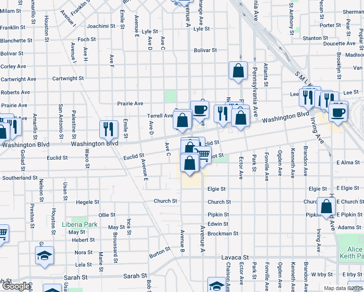 map of restaurants, bars, coffee shops, grocery stores, and more near 1492 Euclid Street in Beaumont