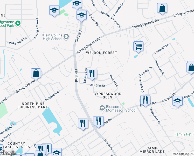 map of restaurants, bars, coffee shops, grocery stores, and more near 3624 Chessnut Glen Drive in Spring