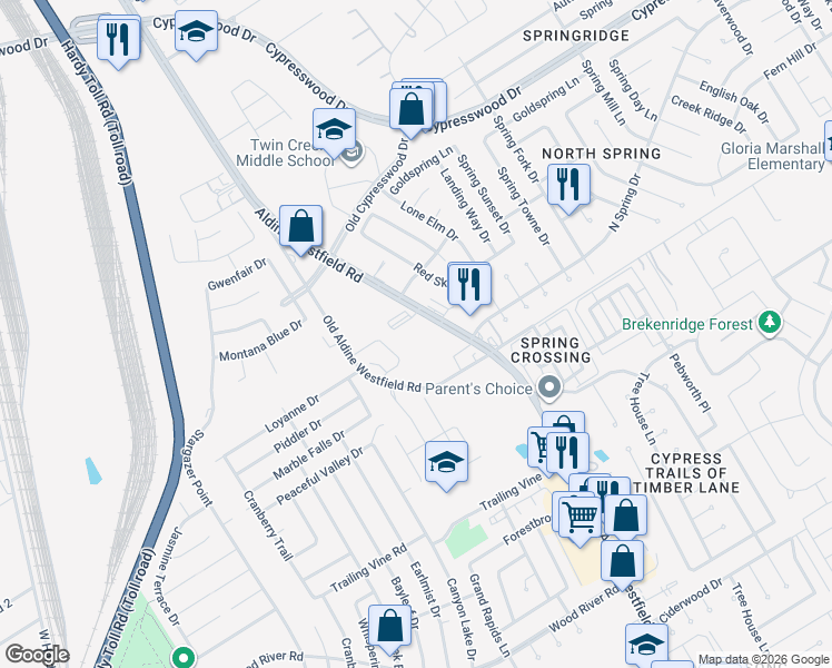 map of restaurants, bars, coffee shops, grocery stores, and more near 24001 Aldine Westfield Road in Spring