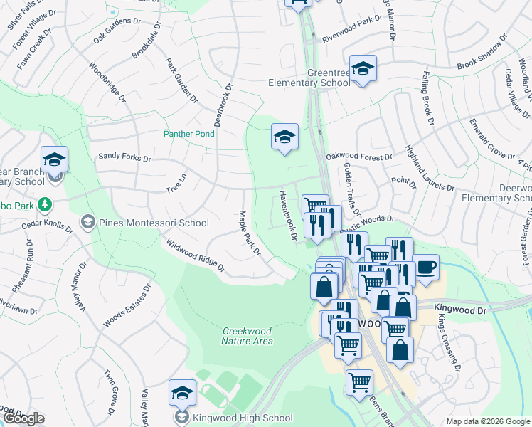 map of restaurants, bars, coffee shops, grocery stores, and more near 3415 Havenbrook Drive in Humble