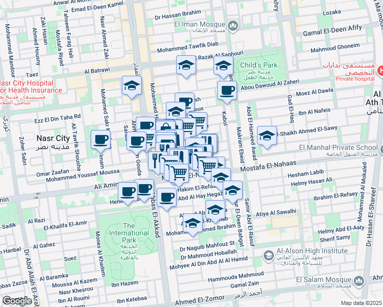 map of restaurants, bars, coffee shops, grocery stores, and more near Abbas El-Akkad in Nasr City