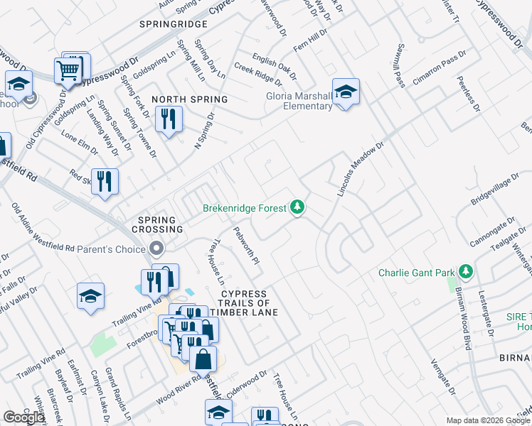 map of restaurants, bars, coffee shops, grocery stores, and more near in Spring