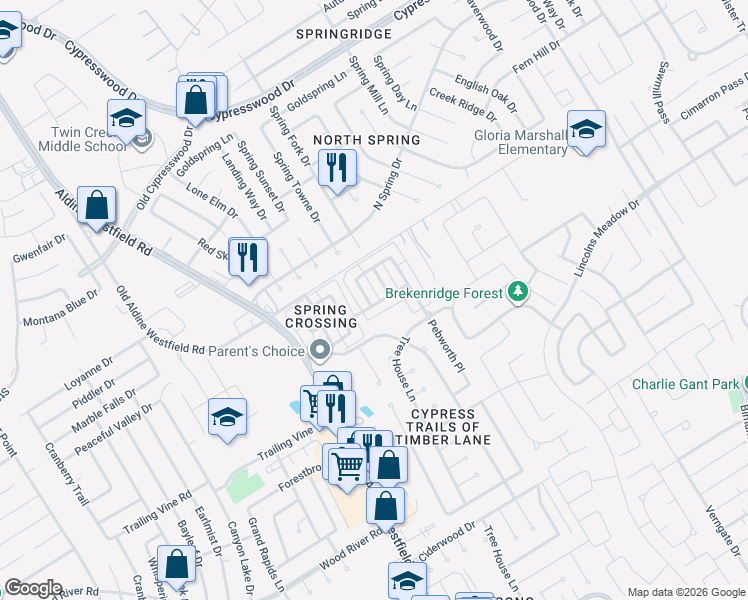 map of restaurants, bars, coffee shops, grocery stores, and more near 2242 Prairie Forest Tr in Spring