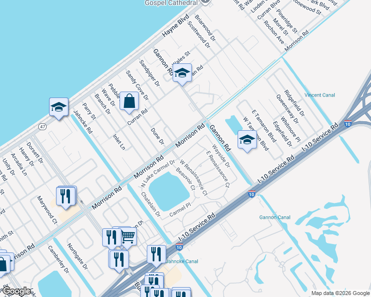map of restaurants, bars, coffee shops, grocery stores, and more near 12931 North Lake Carmel Drive in New Orleans
