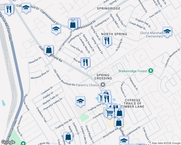 map of restaurants, bars, coffee shops, grocery stores, and more near 2002 Rustling Trees Way in Spring