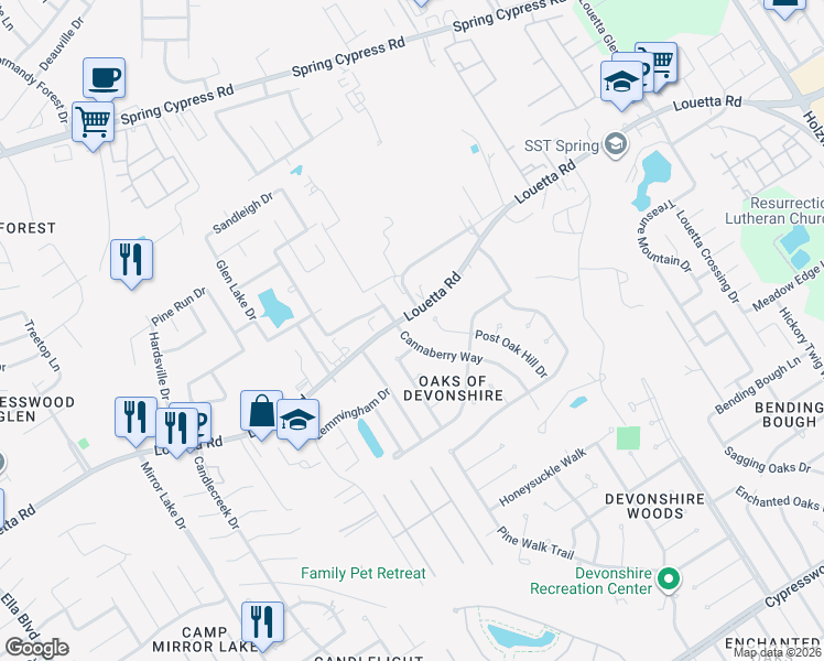map of restaurants, bars, coffee shops, grocery stores, and more near 2706 Wind Brush Drive in Spring