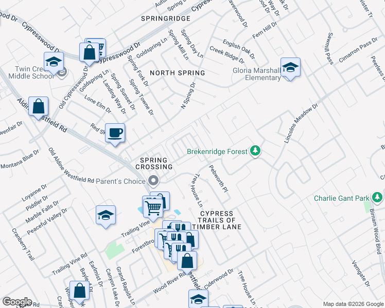 map of restaurants, bars, coffee shops, grocery stores, and more near 2242 Prairie Forest Tr in Spring