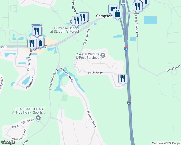 map of restaurants, bars, coffee shops, grocery stores, and more near 358 Scrub Jay Drive in St. Augustine