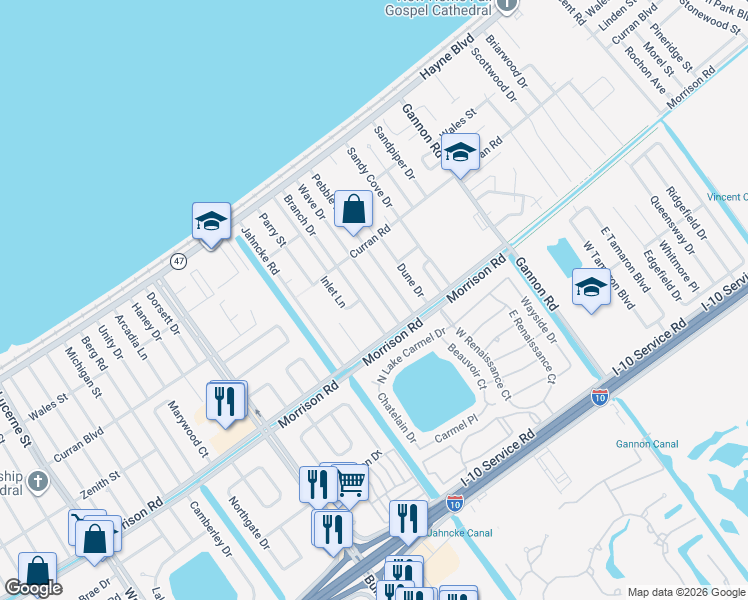 map of restaurants, bars, coffee shops, grocery stores, and more near 7550 Branch Drive in New Orleans