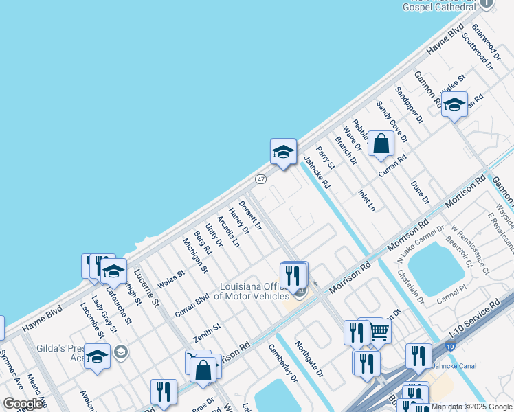 map of restaurants, bars, coffee shops, grocery stores, and more near 7932 Dorsett Drive in New Orleans