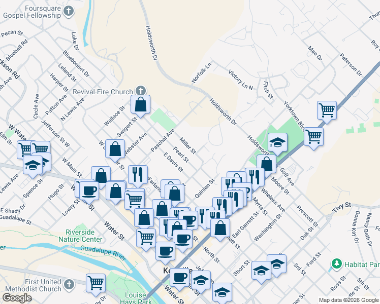map of restaurants, bars, coffee shops, grocery stores, and more near 305 Pearl Street in Kerrville