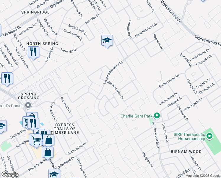 map of restaurants, bars, coffee shops, grocery stores, and more near 23203 Barrington Bluff Trail in Spring