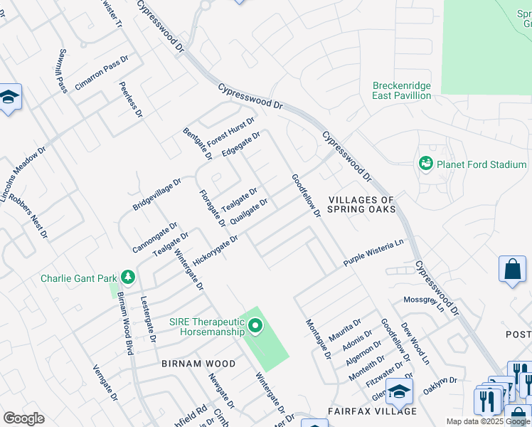 map of restaurants, bars, coffee shops, grocery stores, and more near 4923 Hickorygate Drive in Spring