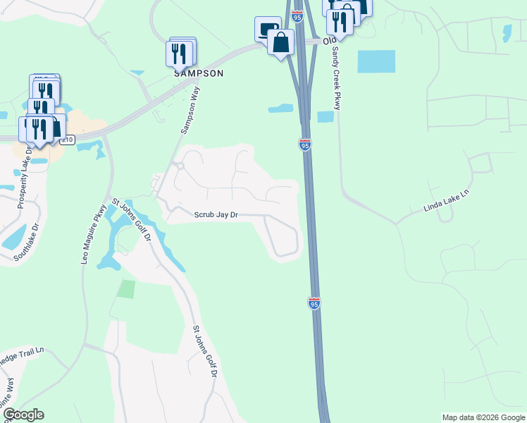 map of restaurants, bars, coffee shops, grocery stores, and more near 550 Scrub Jay Drive in St. Augustine