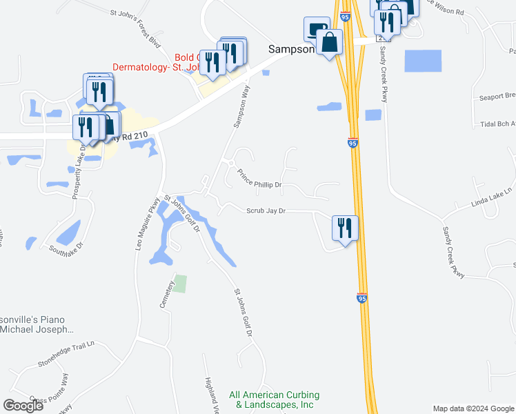 map of restaurants, bars, coffee shops, grocery stores, and more near 381 Scrub Jay Drive in Saint Augustine