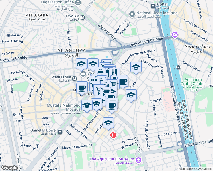 map of restaurants, bars, coffee shops, grocery stores, and more near El-Batal Ahmed Abd El-Aziz in Agouza