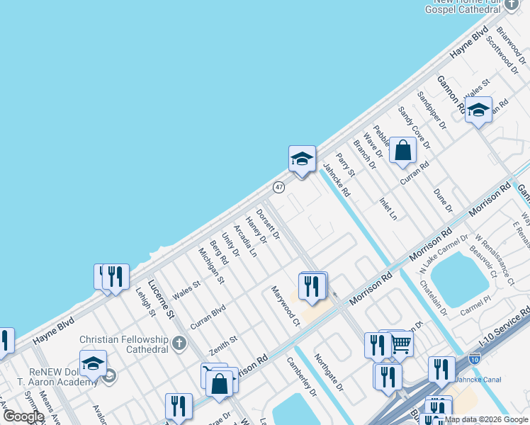 map of restaurants, bars, coffee shops, grocery stores, and more near 7932 Dorsett Drive in New Orleans