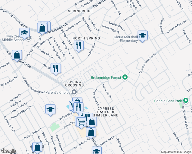 map of restaurants, bars, coffee shops, grocery stores, and more near 23723 Tree House Lane in Spring