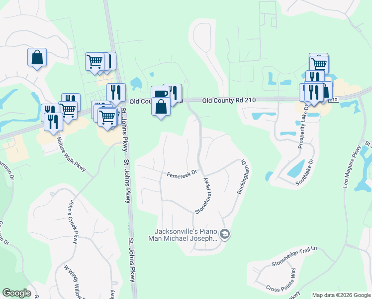 map of restaurants, bars, coffee shops, grocery stores, and more near 1624 Redstone Court in St. Augustine