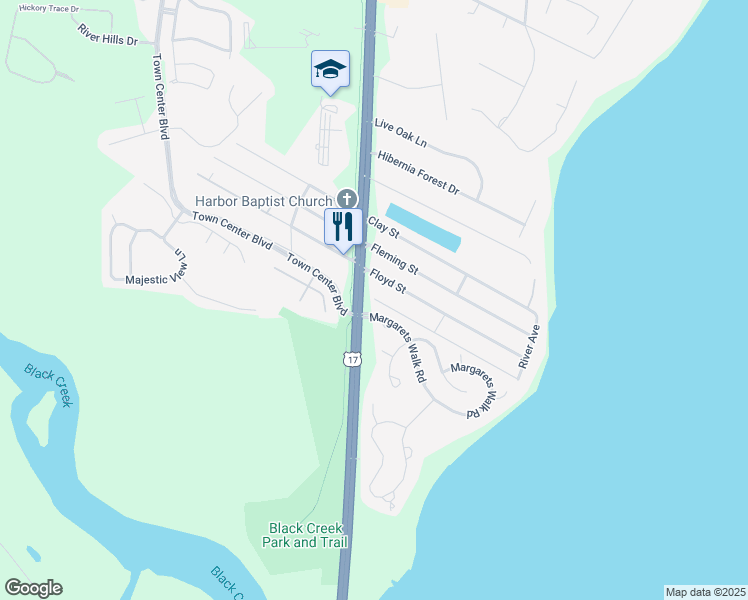 map of restaurants, bars, coffee shops, grocery stores, and more near 1174 Florida Street in Fleming Island