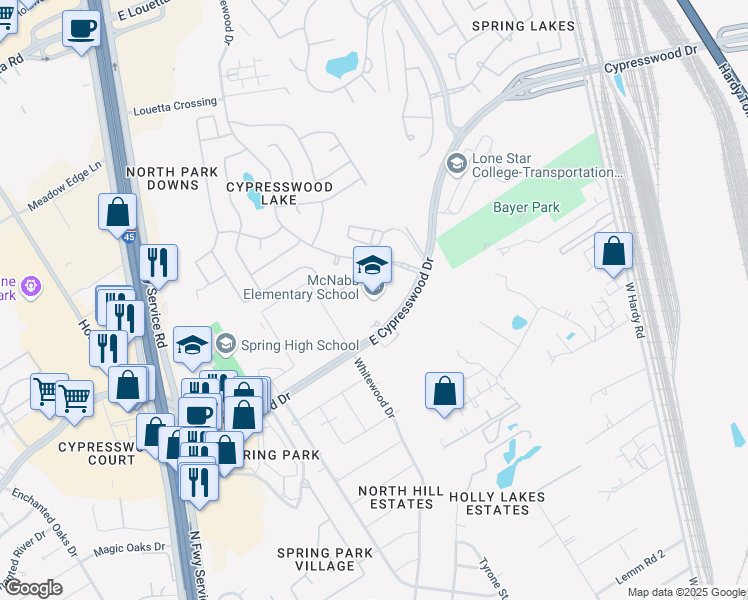 map of restaurants, bars, coffee shops, grocery stores, and more near 743 East Cypresswood Drive in Spring