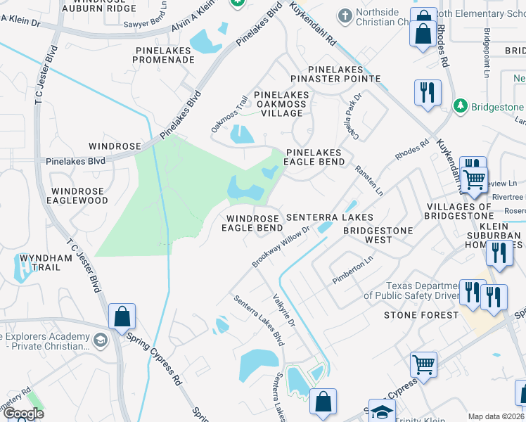 map of restaurants, bars, coffee shops, grocery stores, and more near 20038 Thornmead Lane in Spring