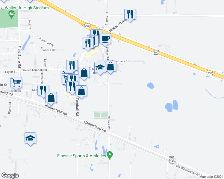 map of restaurants, bars, coffee shops, grocery stores, and more near 19380 Stokes Rd in Waller
