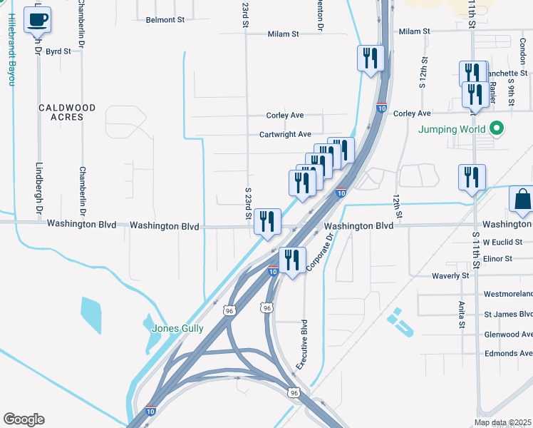 map of restaurants, bars, coffee shops, grocery stores, and more near 1575 South 23rd Street in Beaumont