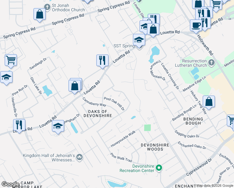 map of restaurants, bars, coffee shops, grocery stores, and more near 2407 Meadow Tree Lane in Spring