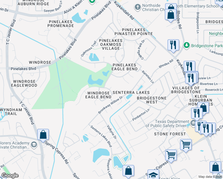 map of restaurants, bars, coffee shops, grocery stores, and more near 20111 Windbury Court in Spring