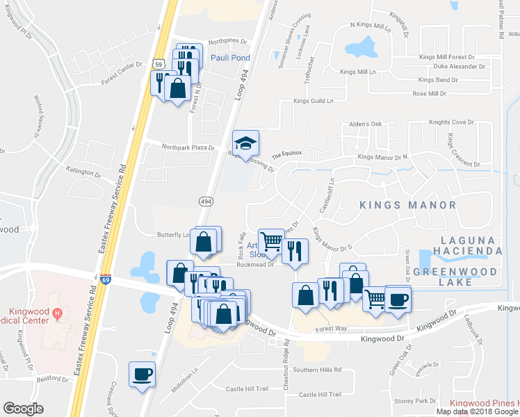 map of restaurants, bars, coffee shops, grocery stores, and more near 26983 Crown Haven Drive in Humble