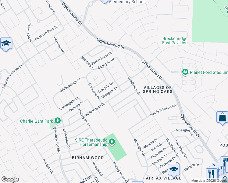 map of restaurants, bars, coffee shops, grocery stores, and more near 4935 Quailgate Drive in Spring