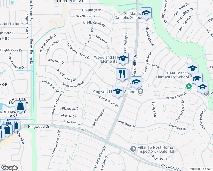 map of restaurants, bars, coffee shops, grocery stores, and more near 2931 Big Springs Drive in Humble