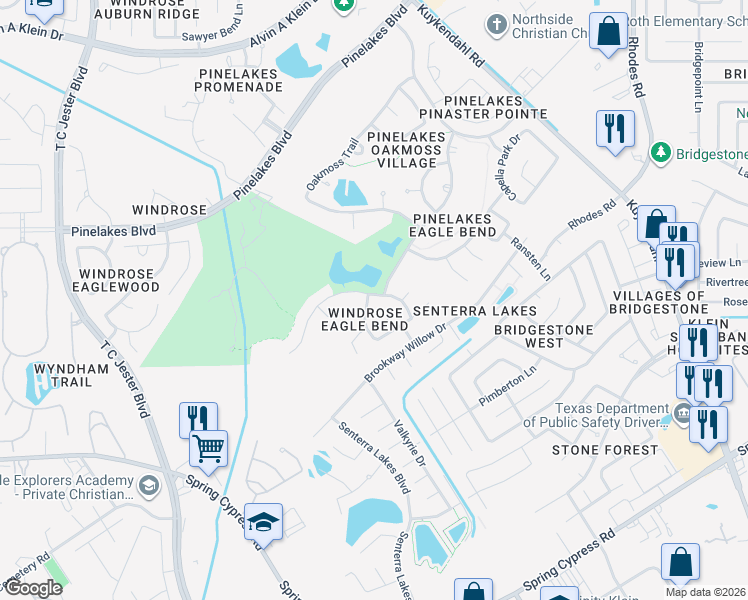map of restaurants, bars, coffee shops, grocery stores, and more near 20038 Thornmead Lane in Spring