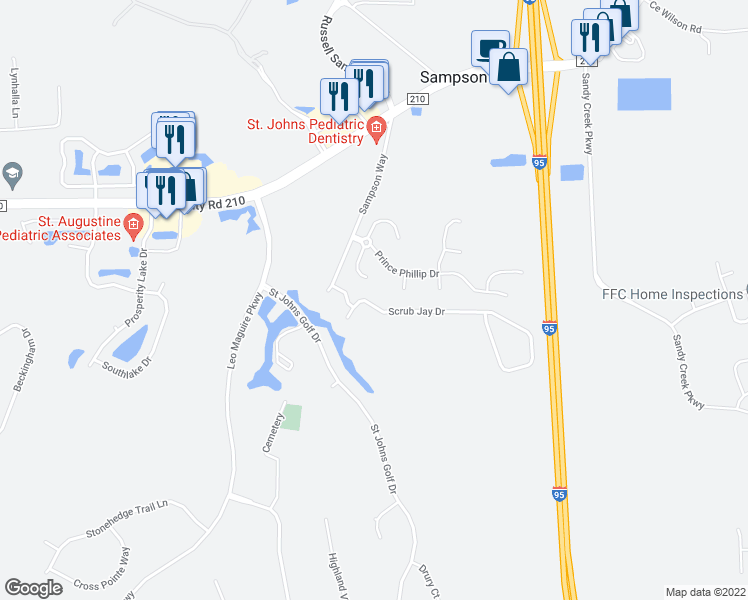 map of restaurants, bars, coffee shops, grocery stores, and more near 281 Scrub Jay Drive in Saint Augustine