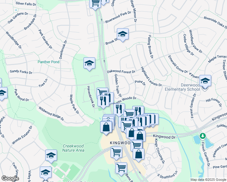 map of restaurants, bars, coffee shops, grocery stores, and more near 3315 Golden Trails Drive in Houston