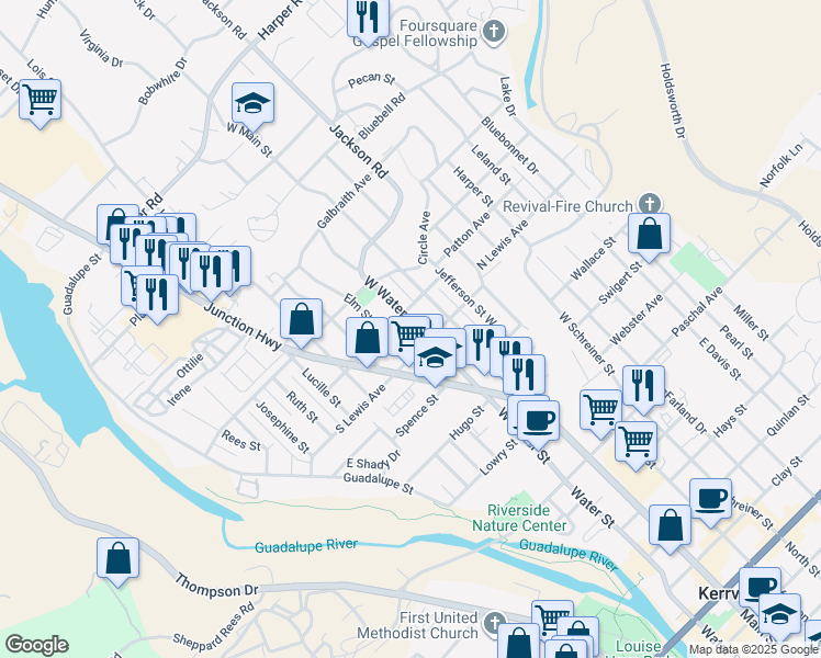 map of restaurants, bars, coffee shops, grocery stores, and more near 420 West Water Street in Kerrville