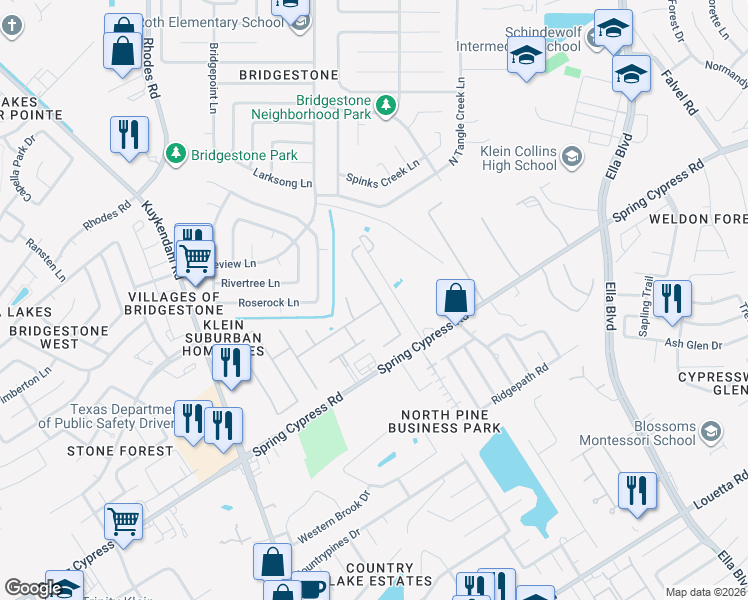 map of restaurants, bars, coffee shops, grocery stores, and more near 19410 Sanctuary Place Drive in Spring