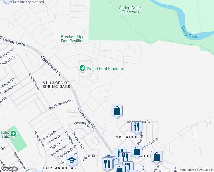 map of restaurants, bars, coffee shops, grocery stores, and more near 23801 Cypresswood Drive in Spring