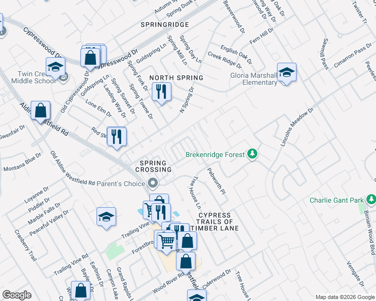 map of restaurants, bars, coffee shops, grocery stores, and more near 23847 Pebworth Place in Spring