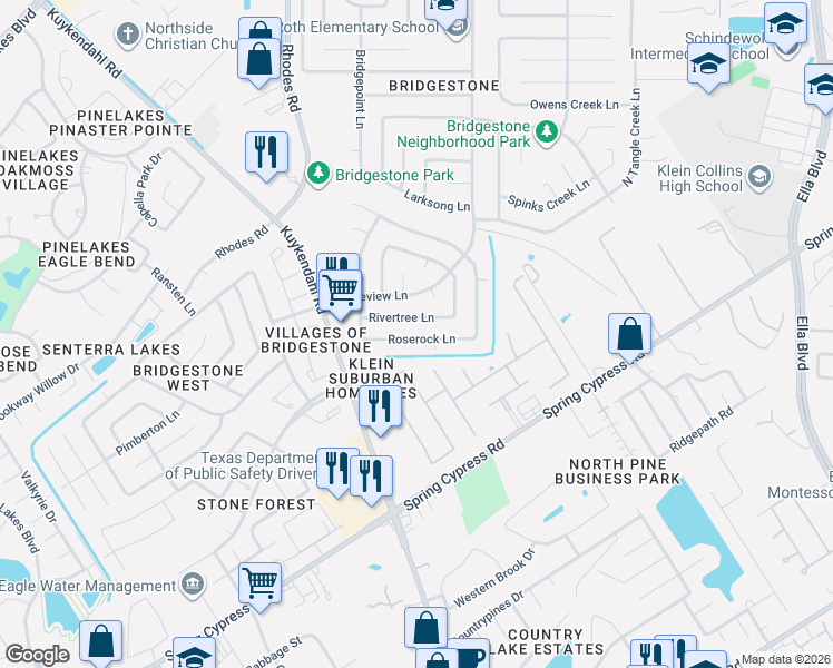 map of restaurants, bars, coffee shops, grocery stores, and more near 4707 Rivertree Lane in Spring