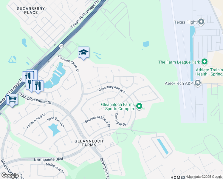 map of restaurants, bars, coffee shops, grocery stores, and more near 20126 Monarda Manor Court in Spring